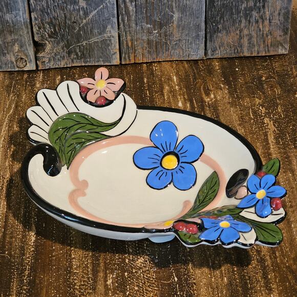 Vintage Hand Painted Ceramic Footed Bowl-Holland Floral Mold-Retro Home Decor - Picture 2 of 10